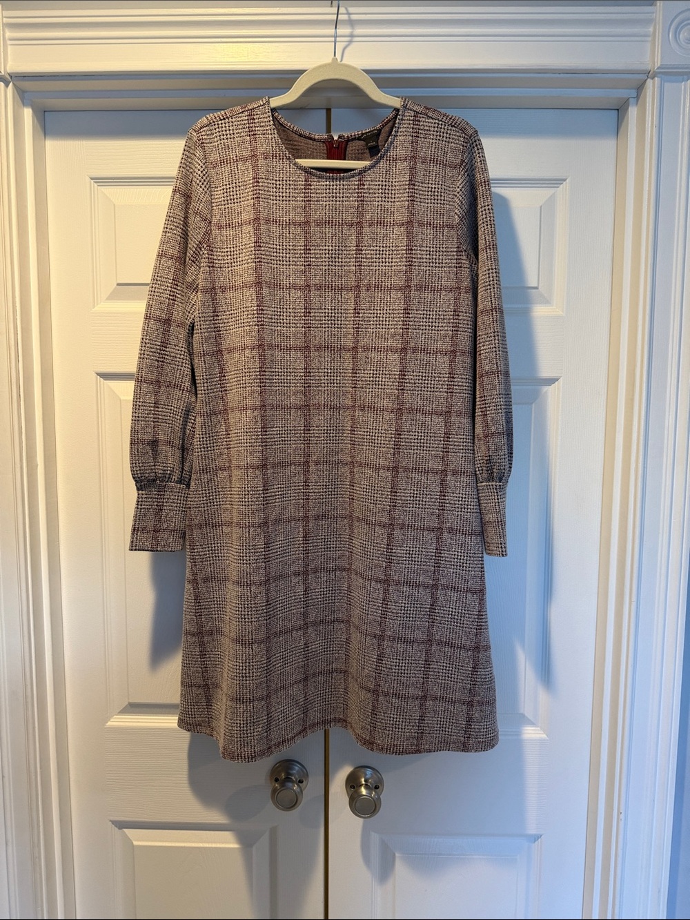 Ann Taylor Neutral and Burgundy Plaid Long-Sleeve Shift Dress